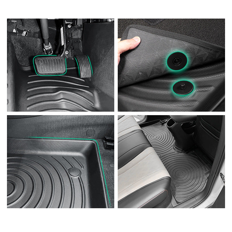 BYD Dolphin floor mat details: pedal clearance, retaining clips, raised edge and seat rail fit