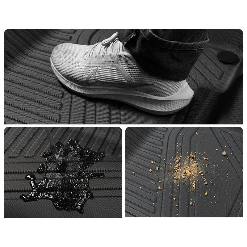 Close-ups of the floor mat surface with a shoe, a spill and loose dirt on it