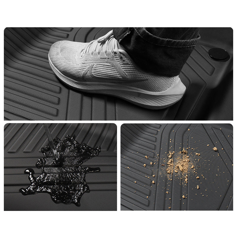 Close-ups of the floor mat surface with a shoe, a spill and loose dirt on it