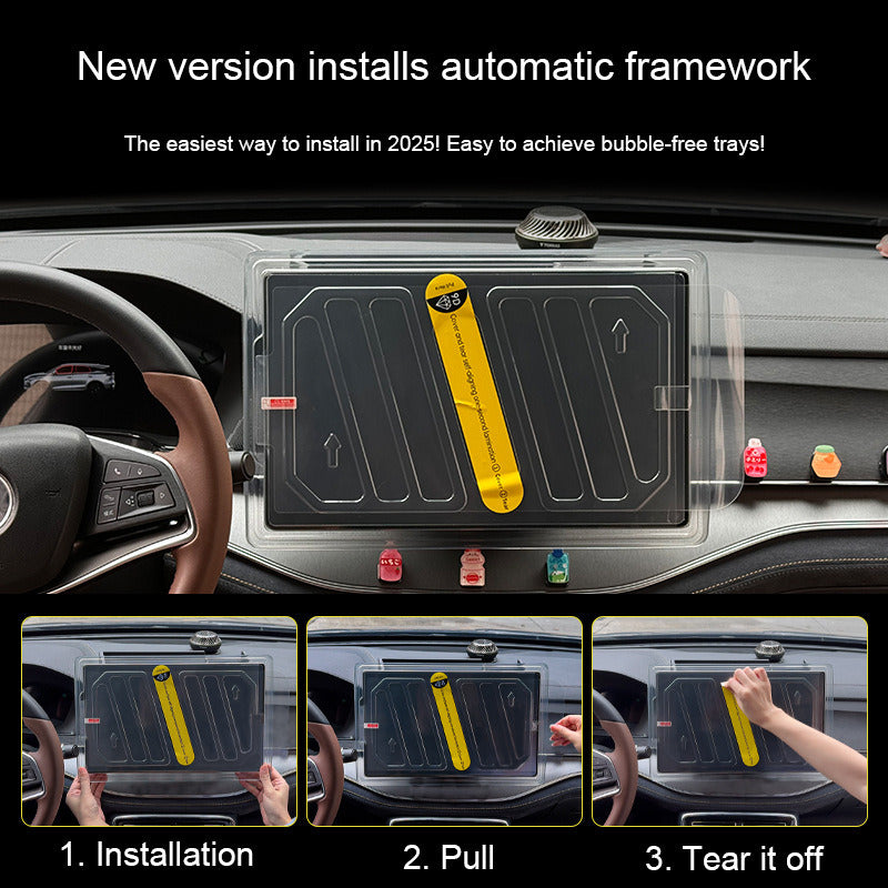 Screen protector installation: frame in place, pull the tab, peel the film