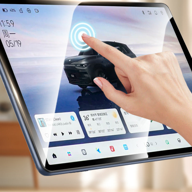 Finger touching a BYD screen fitted with the glass protector