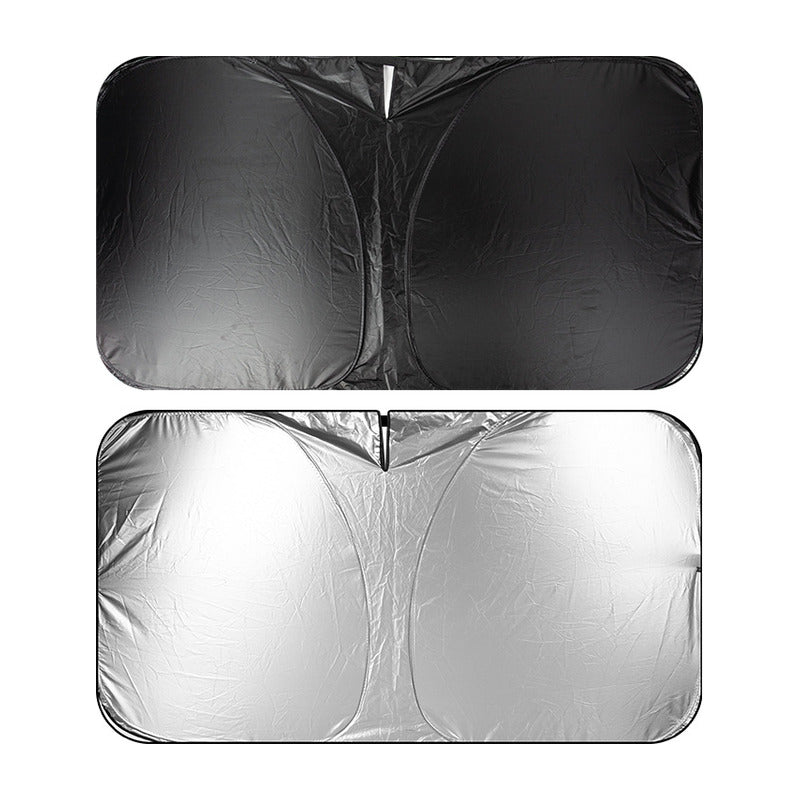 Double-layer front windscreen sunshade, black side and silver titanium side