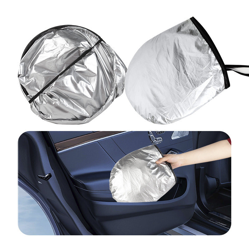 Sunshade folded into a round pouch and stored in the door pocket