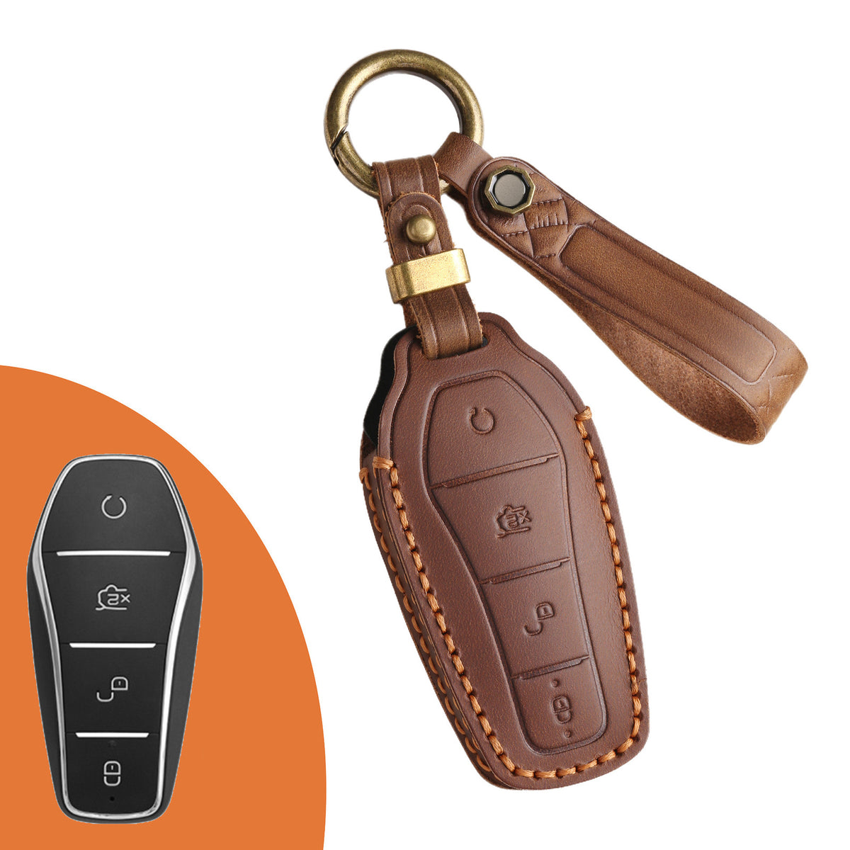 Brown leather key pouch with strap and brass ring
