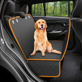 Pet seat mat fitted across the back seat with a golden retriever sitting on it